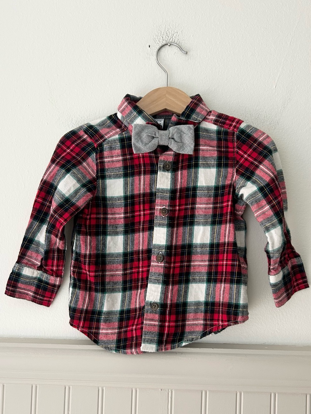 Old Navy Red, White & Black Plaid Button-Down with Gray Bow 12-18 Months